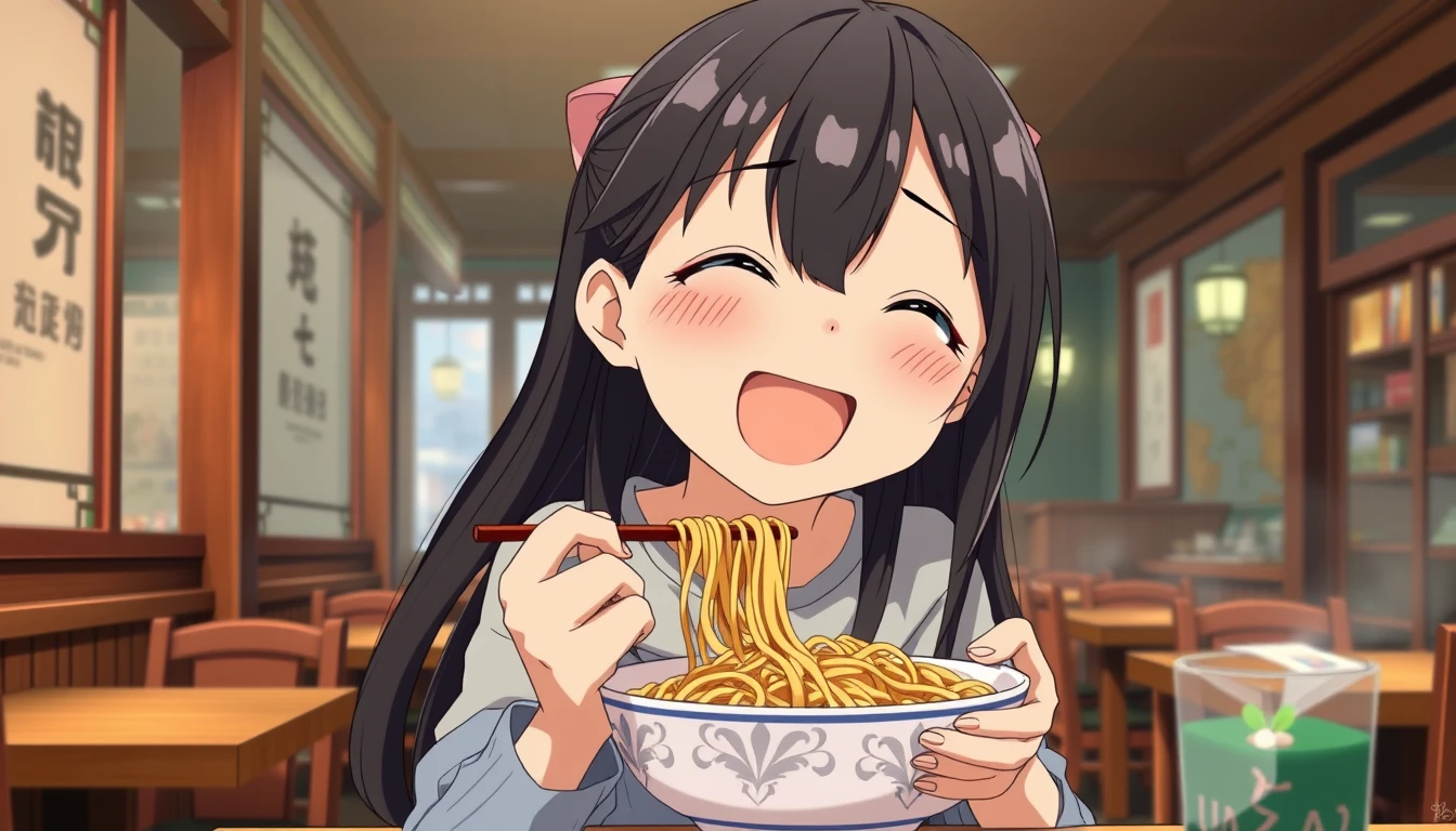 Depict a young Asian girl joyfully eating Lanzhou noodles inside a traditional Chinese restaurant. She has long black hair and is dressed in casual attire. The visual style should mimic that of Kyoto Animation, with detailed character design and warm color tones, reflecting the meticulous and vivid expressions common in Japanese animation. The background features a cozy restaurant interior with wooden tables and soft lighting.