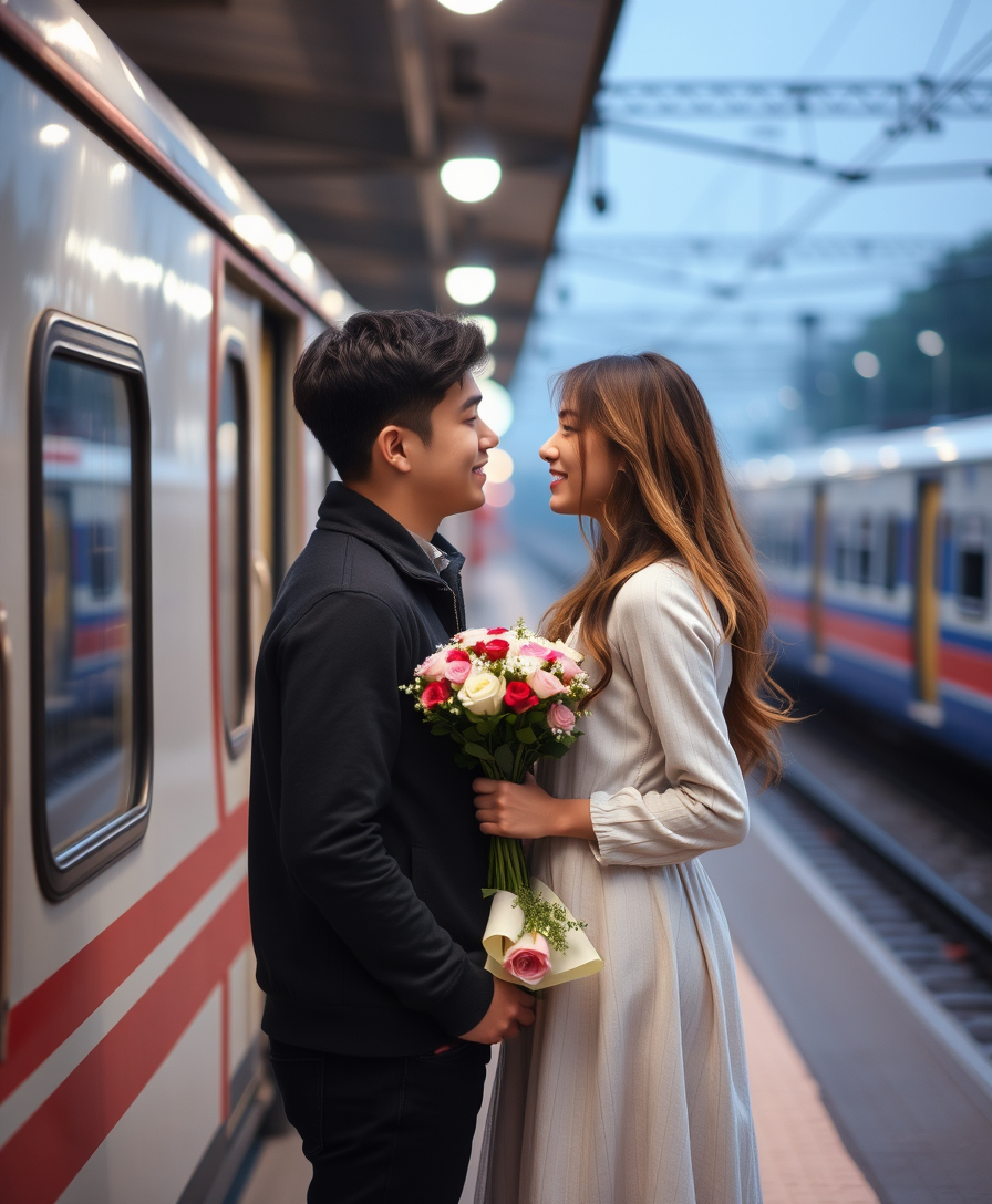 A romantic scene on the platform near the train, a young man and a girl in love look at each other tenderly, the guy has a bouquet of flowers in his hands. - Image