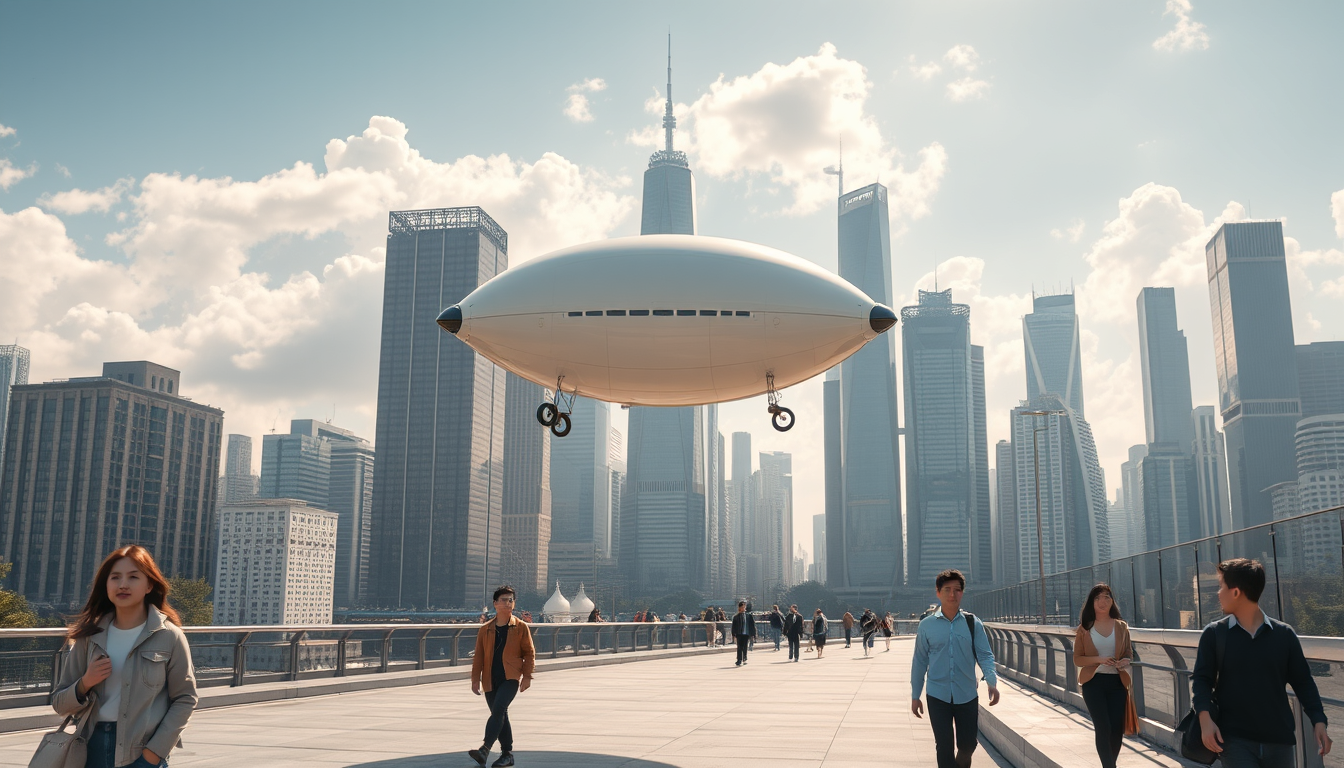 Create a stunning high-resolution image of the city of the future. The skyline should be filled with towering skyscrapers. Include a light-colored oval balloon-type robot flying rapidly through the air with tiny black balancers on either side of the balloon. There are some people walking on the street, Asian faces, wearing fashionable and avant-garde clothes, creating a laid-back and pleasant atmosphere. The visual focus of the image highlights small balloon-type robots patrolling the air for safety, very beautiful clouds, and beautiful sunlight reflecting off the glass surfaces of buildings, creating an atmosphere of excitement and innovation. Very sharp and realistic details, 32K, flat view.