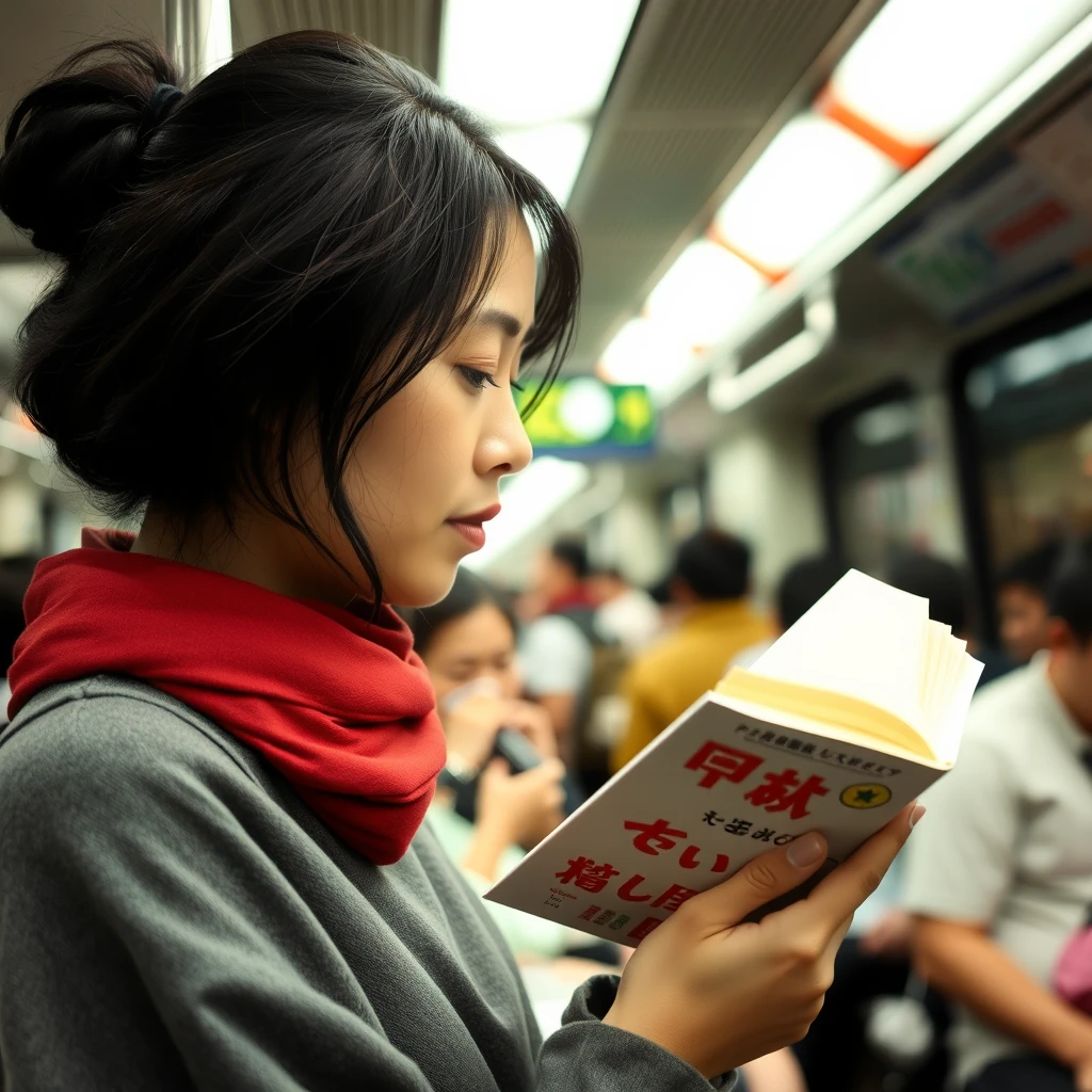 A Japanese woman is reading a book on the subway, which is crowded with many people. - Image