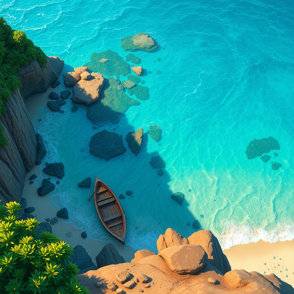 (top view from a cliff), (beach art) there is a small parked wooden boat on the beach but there is no one in sight, lush blue and turquoise water and the sound of the gentle waves, (lineart), (studio ghibli:1.3), (masterpiece, best quality), (studio ghibli:1.3), vibrant lush, landscape lens, dreamlike, bioluminescent, cel-shading, alphonse mucha, approaching perfection, sharp focus, highly detailed, concept art, trending on pixiv, 4k definition, (photo realistic)