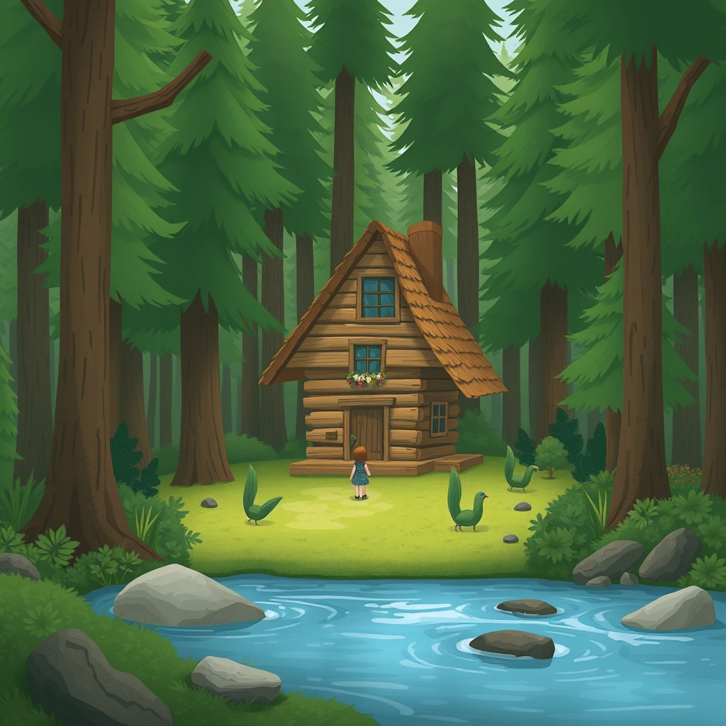 "A forest, a wooden house, a girl, and a river in front." - Image