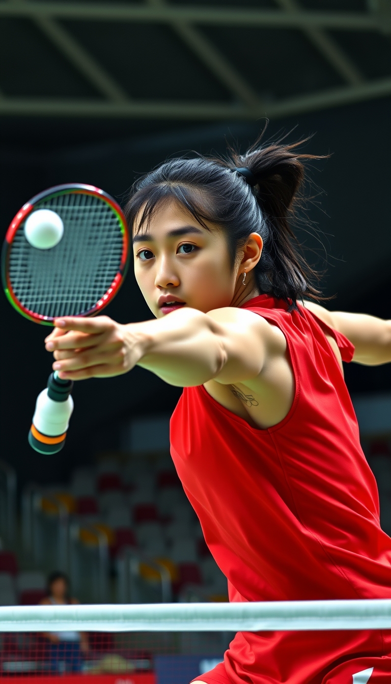 A detailed, realistic portrait of a young woman playing badminton in an indoor sports arena. The woman is wearing a bright red jersey and is mid-swing, her body in a dynamic, athletic pose as she focuses intently on the shuttlecock. The background is blurred, with glimpses of the court, net, and spectator stands visible. The lighting is natural and directional, creating shadows and highlights that accentuate the woman's features and muscular definition. The overall composition conveys a sense of energy, movement, and the intensity of the game. The image is highly detailed, with a photorealistic quality that captures the textures of the woman's clothing, skin, and the badminton equipment.