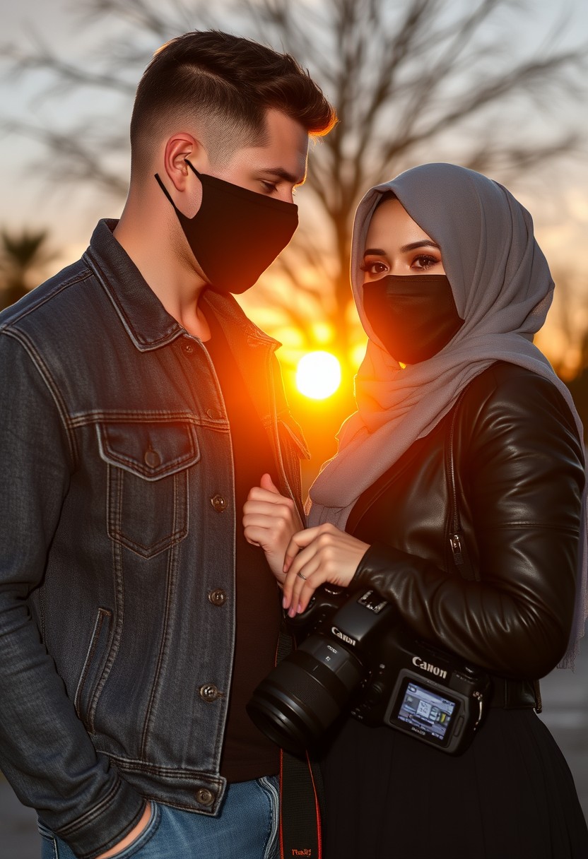 Jamie Dornan's head and body shot, handsome, face mask black, jeans jacket, jeans, dating, love couple, with the biggest grey hijab Muslim girl, face mask black, beautiful eyes, black leather jacket, biggest skirt, holding a DSLR Canon camera, sunset, hyper-realistic, street photography.