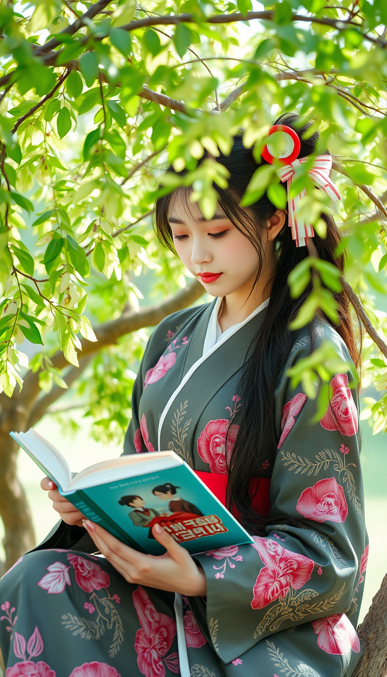 A Japanese beauty is reading a book under a tree.