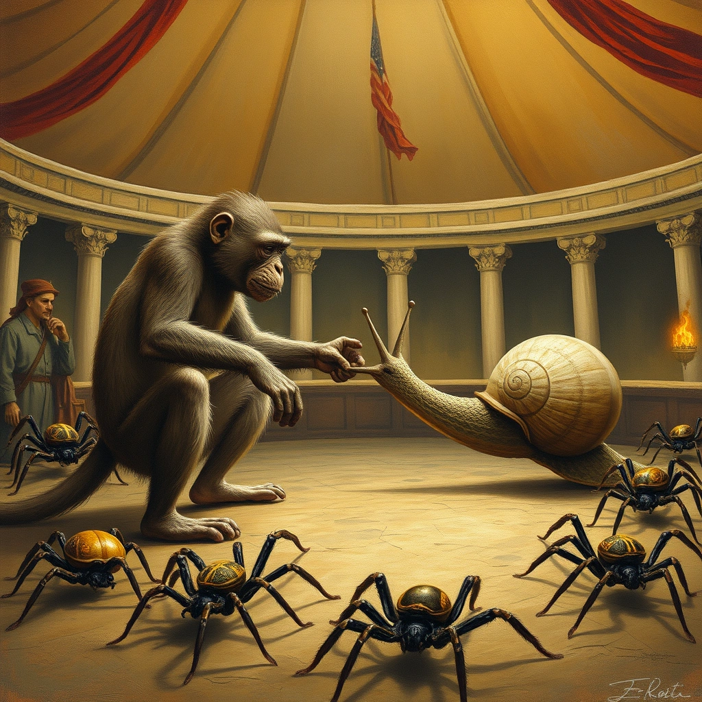 'a monkey and a snail fighting in the Roman circus against 10 spiders' - Image