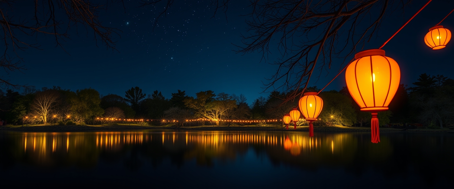 A magical night scene with glowing lanterns hanging over a still lake surrounded by trees.