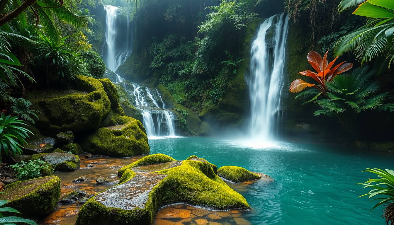 rfall, cascading, clear water, lush greenery, high quality, photorealistic, hidden oasis, serene, rainforest, breathtaking, secluded::0.8 moss-covered rocks, tropical plants, natural pools, jungle trails, mist, - Image