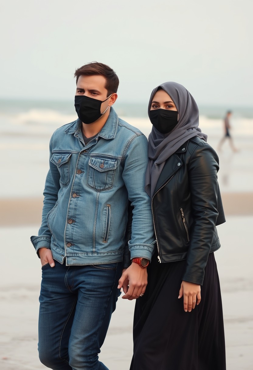 Jamie Dornan's head and body shot, handsome, black face mask, denim jacket, jeans, dating, love couple, with the biggest grey hijab Muslim girl, black face mask, beautiful eyes, black leather jacket, largest skirt, walking happily together at the beach, hyper-realistic, street photography.