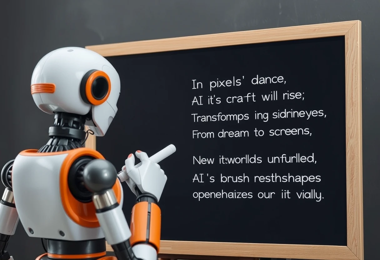 A robot holding chalk looking at a blackboard that reads the following poem: “In pixels’ dance, AI’s craft will rise, Transforming visions through machine eyes, From dreams to screens, new worlds unfurled, AI’s brush reshapes our visual world.” - Image