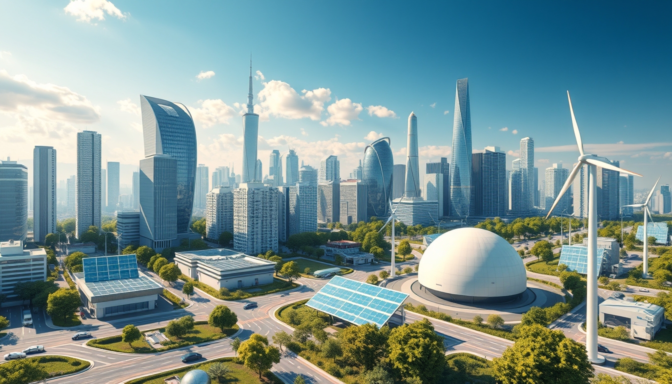 Futuristic cityscape with renewable energy sources, symbolizing the new economy. - Image