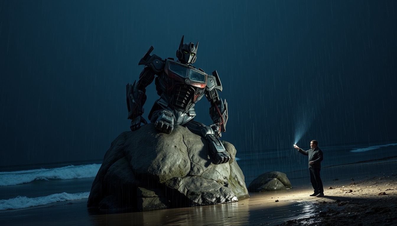 On the dark sea shore, there is a rock formation with a battered Transformer leaning against it. The Transformer is missing its left arm, revealing exposed wires that are sparking. A man is standing in the rain, holding a flashlight and looking at the Transformer. - Image