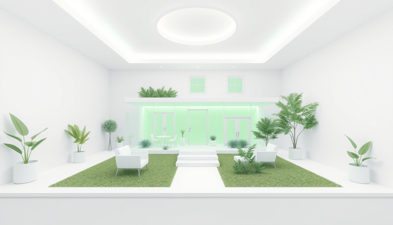 Virtual property tour illustration in white and green with VR elements.