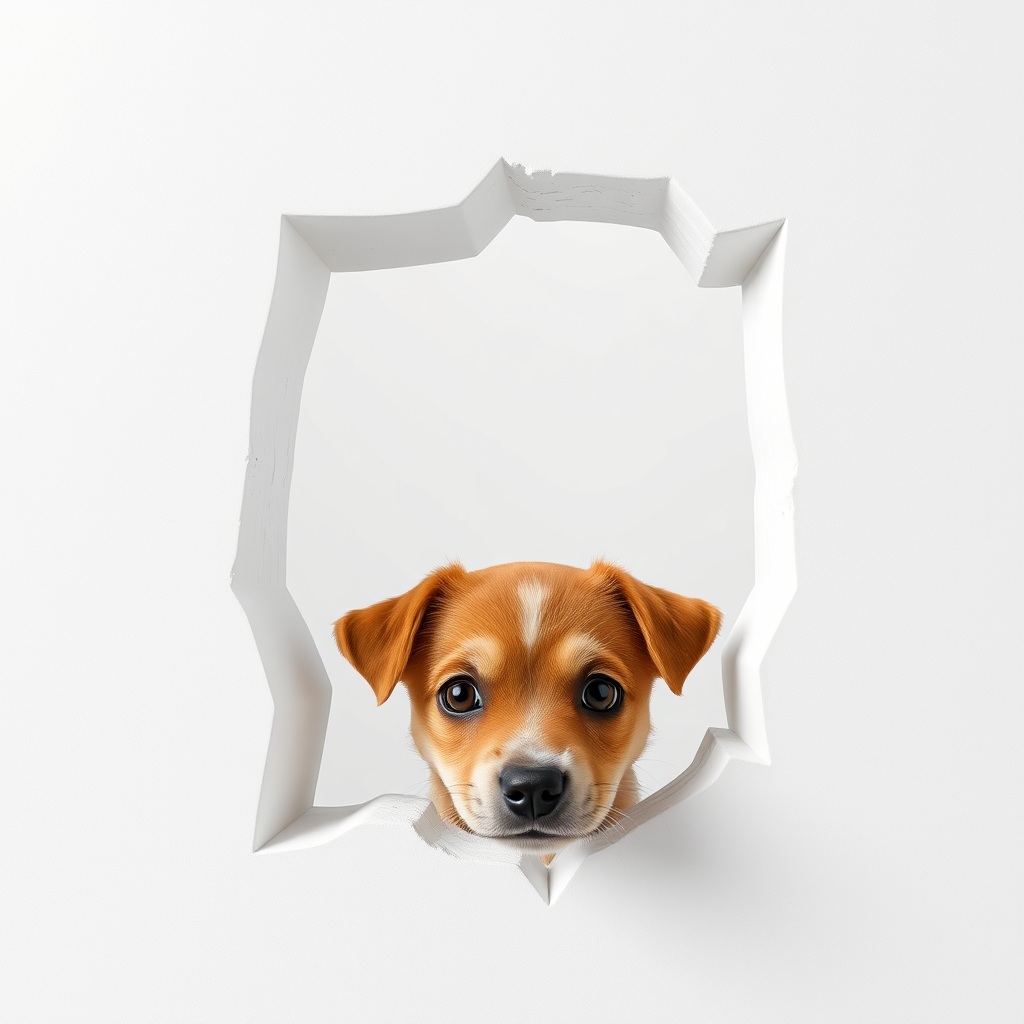 A white wall with a 3D fracture in the center, from which the head of a cute surprised puppy is seen, with space behind him.