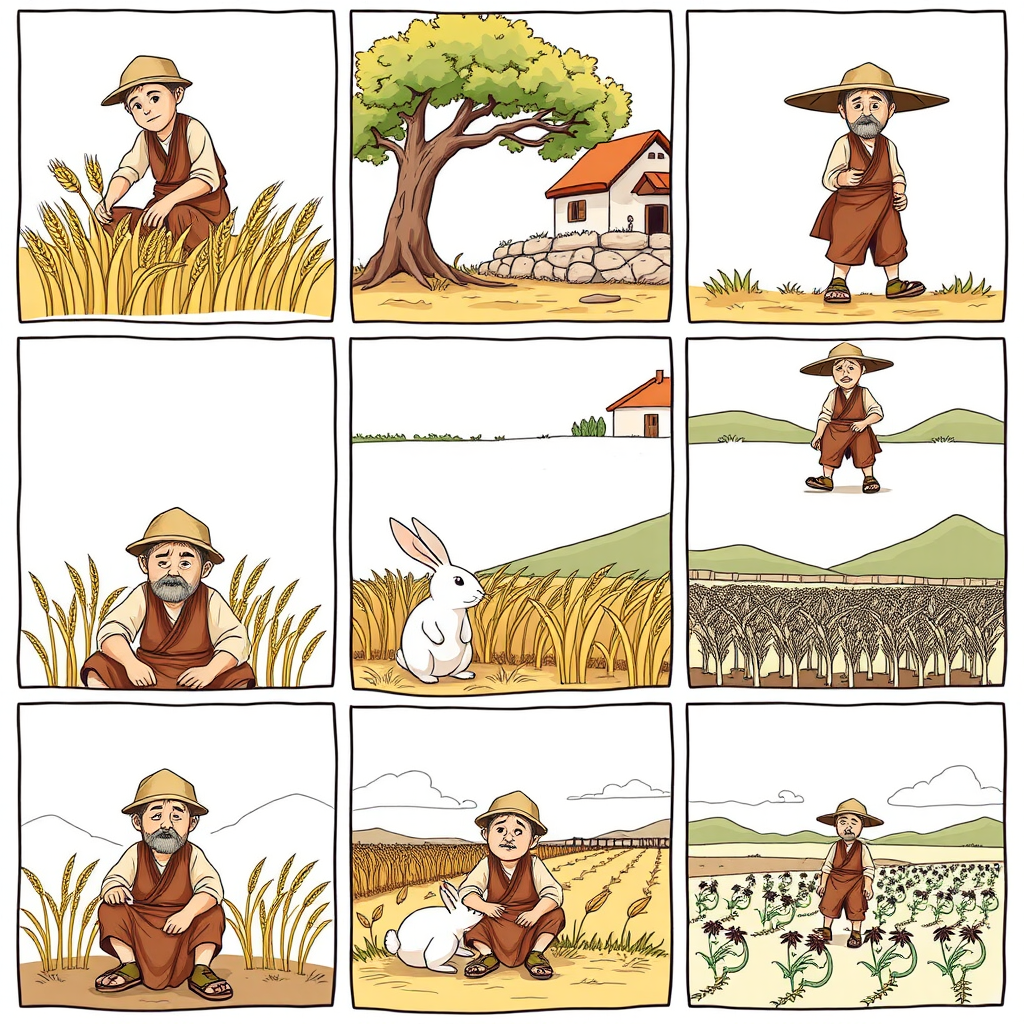 featuring an ancient farmer in a nine grid. 
The characters in each scene will all use the same farmer, ensuring that the face shape and clothing remain consistent throughout.
In the first panel, the farmer is harvesting wheat.
In the second panel, the farmer is sitting under a tree, a rabbit is rushing.
In the third panel, the rabbit is lying on the ground.
In the fourth panel, the farmer is walking toward a house.
In the fifth panel, the farmer sits under the tree.
In the sixth panel, the farmer sighs while sitting under the tree.
In the seventh panel, the farmer stares blankly at the sky.
In the eighth panel, the crops have withered.
In the ninth panel, the farmer is planting seeds in the field.