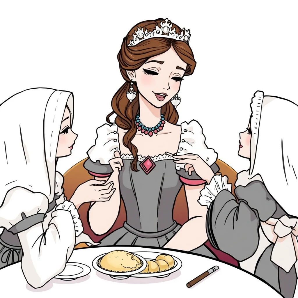 The princess does not wish to lift a finger while eating; she has several maids feeding her, one bite on the left, one bite on the right. - Image