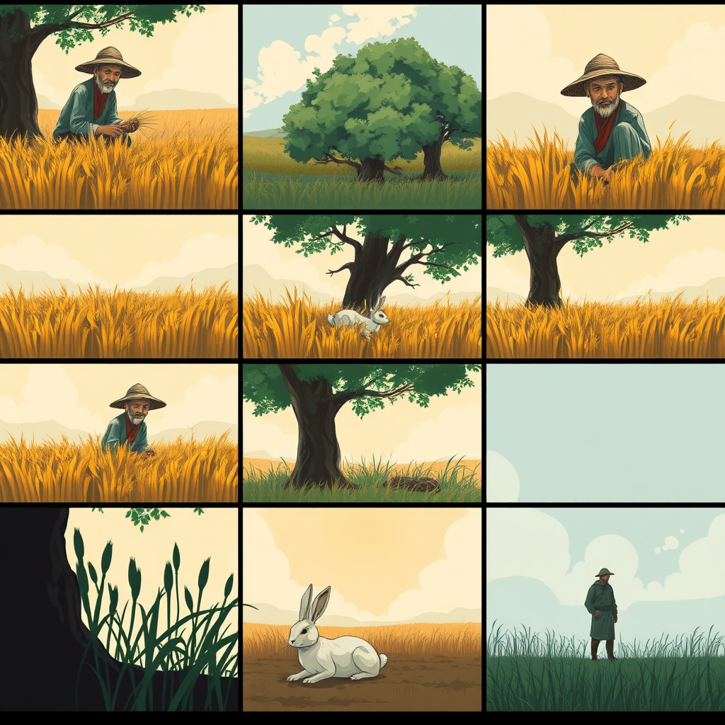 The image style is "cyberpunk," featuring an ancient farmer in a nine cell. 
The characters in each scene will all use the same farmer, ensuring that the face shape and clothing remain consistent throughout.
Cell one: The farmer is harvesting wheat.
Cell two: The farmer is sitting under a tree, a rabbit is rushing.
Cell three: The rabbit is lying on the ground.
Cell four: The farmer sits under the tree.
Cell five: The farmer sighs while sitting under the tree.
Cell six: The farmer stares blankly at the sky.
Cell seven: The crops have withered.
Cell eight: The farmer is planting seeds in the field.
Cell nine: Everything is gone.