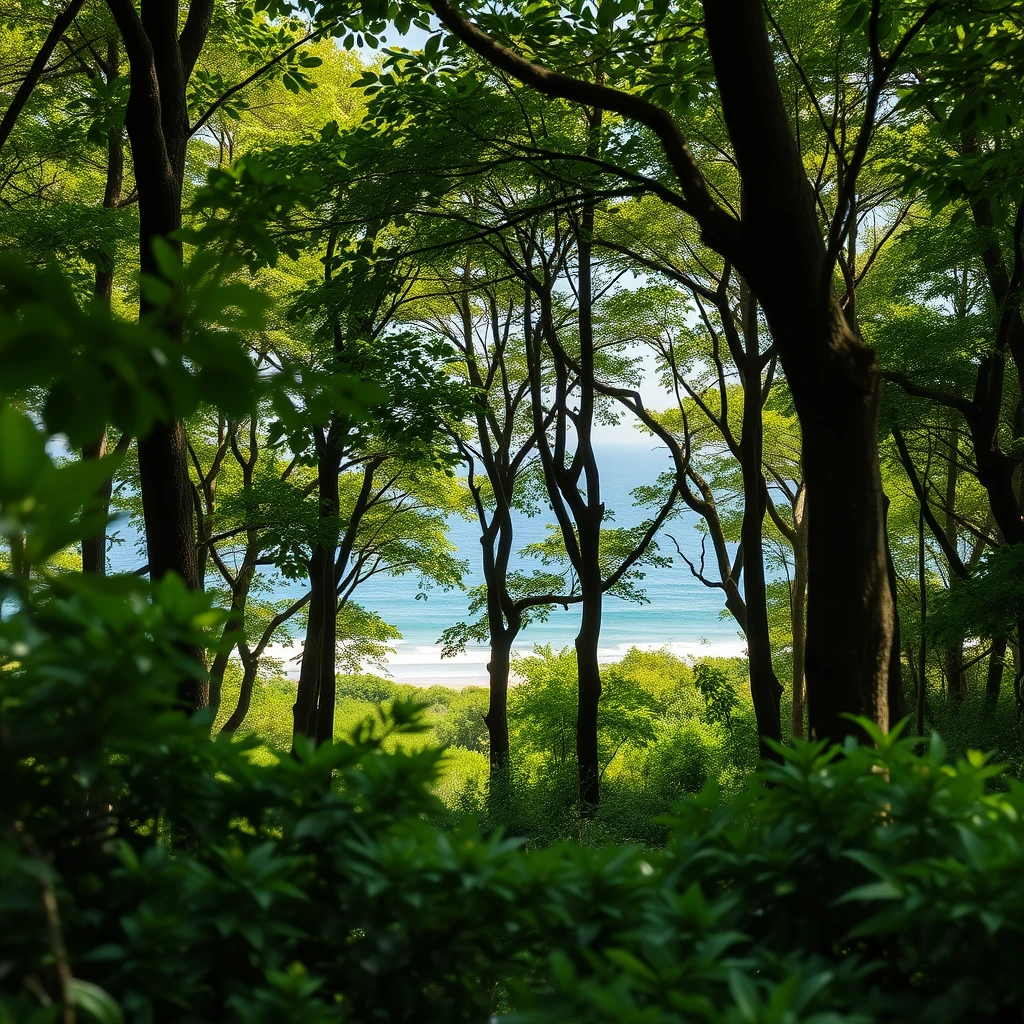 dense green forest with a clearing overlooking the beach and sea, dynamic shot - Image