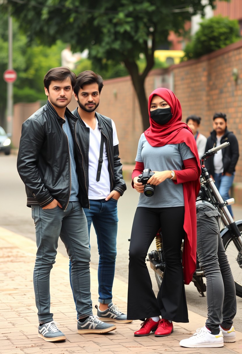 Jamie Dornan and Freddie Prinze, head and body shot, handsome, young, serious face, dark brown hair, white t-shirt, collage jacket, skinny jeans, sneakers, standing, discussing with two guys and a short slim Muslim girl wearing a red hijab, beautiful eyes, black face mask, black leather jacket, grey long t-shirt, bell-bottom cutting jeans, red sneakers, holding a Canon DSLR camera, near a town road, superbike, hyper realistic, street photography, brick wall, full body photo, with five other random smiling friends in the background. - Image