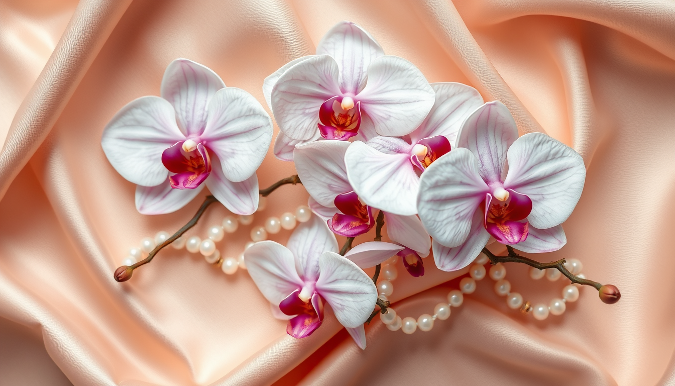 3D wallpaper with a delicate composition of orchid flowers and strings of pearls on a background of delicate silk fabric with a thin gold pattern, uniform clear focus, top view, an atmosphere of luxury.