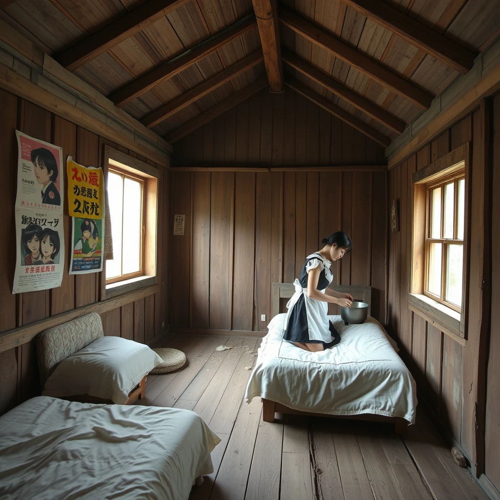 In a dilapidated wooden cabin, there is a bed, and one wall of the room has several posters on it. The cabin is very large, and a young Japanese woman in a maid outfit (short skirt) is cooking in the room. Note that the cabin has a window. - Image