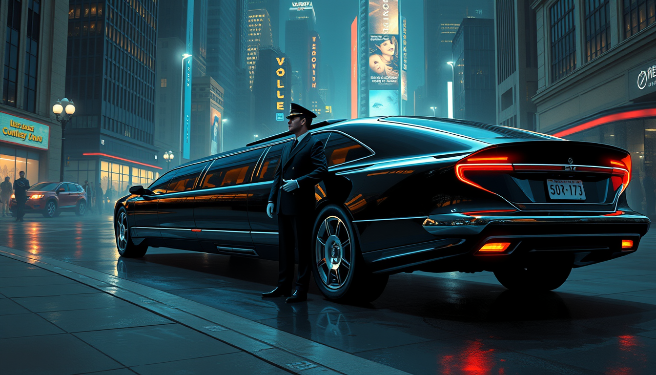 A very futuristic, business limo concept, a painting by Syd Mead, 4k, a chauffeur stands at attention, detailed, city setting, night, circa 2072.