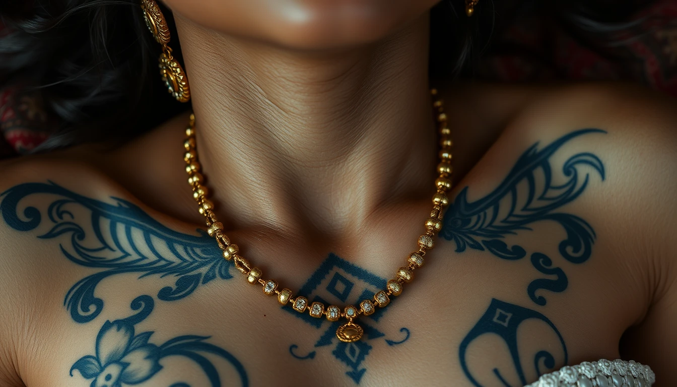 Close-up view of the tattooed chest of a fair-skinned Korean-Indian woman with beautiful facial features and blue eyes, wearing gold ornaments and laying down.