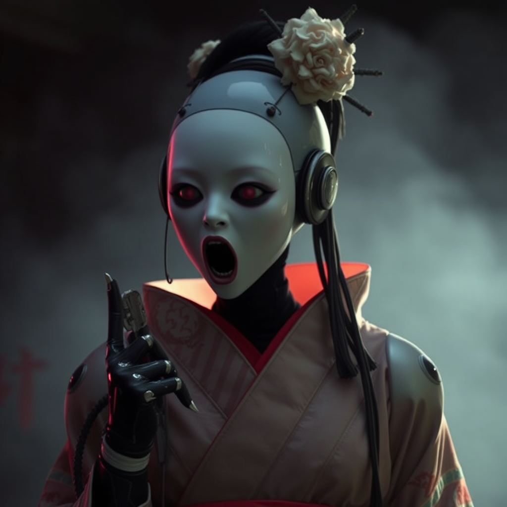 '((android:1.8) Geisha from film ghost in shell:1.5) cyborg parts, scream, creepy, dark movie atmosphere, fog, natural light, cyberpunk background'