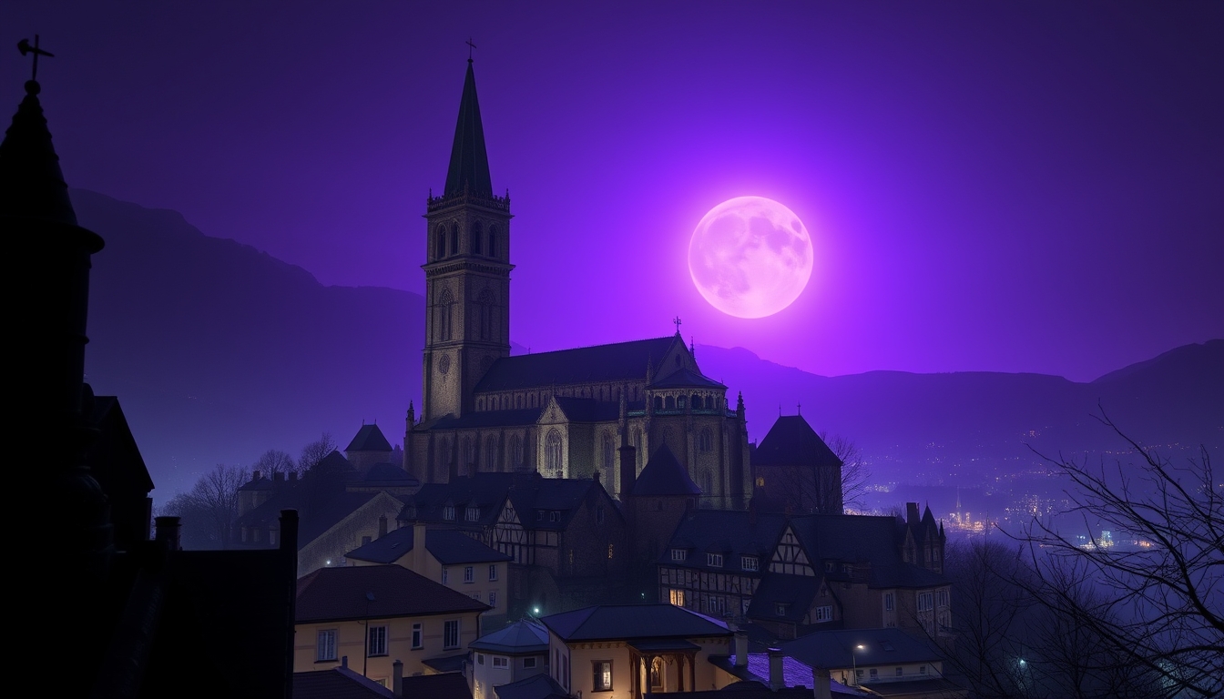 Gothic city, focus on an eerie cathedral that is on top of a mountain, bell tower, bright night, purple lights in the sky. - Image