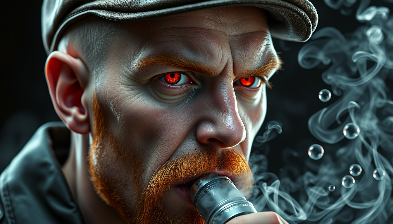 Hyper-realistic three-quarter portrait of a demonized white male, bald with meticulously detailed ginger stubble, donning a worn leather flatcap. Piercing red eyes gleam as he exhales dense, swirling vapor clouds from an intricately designed chrome vapemod. Iridescent e-liquid droplets suspended mid-air. - Image