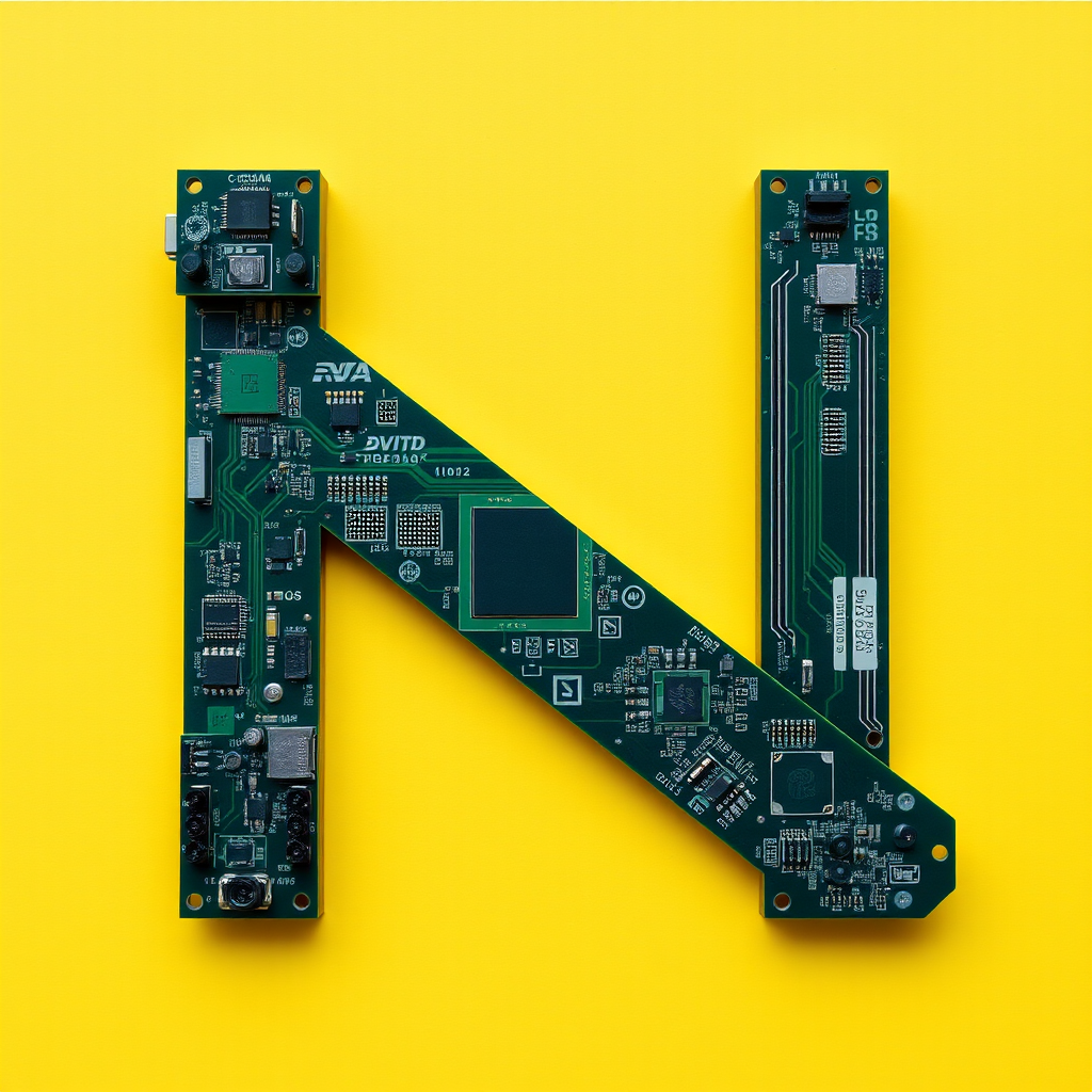 A letter "I" made of a computer motherboard, yellow background, realistic photograph.