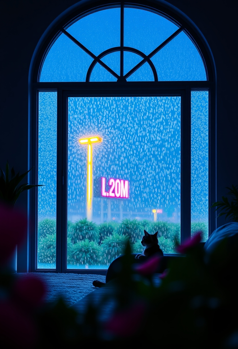 a large east design window, there was a huge rainstorm outside the window, aesthetic sense, royal blue, glowing neon yellow, pink, depth of field, foreground blur, comfortable, comfortable, relaxed, a cat, master composition. - Image