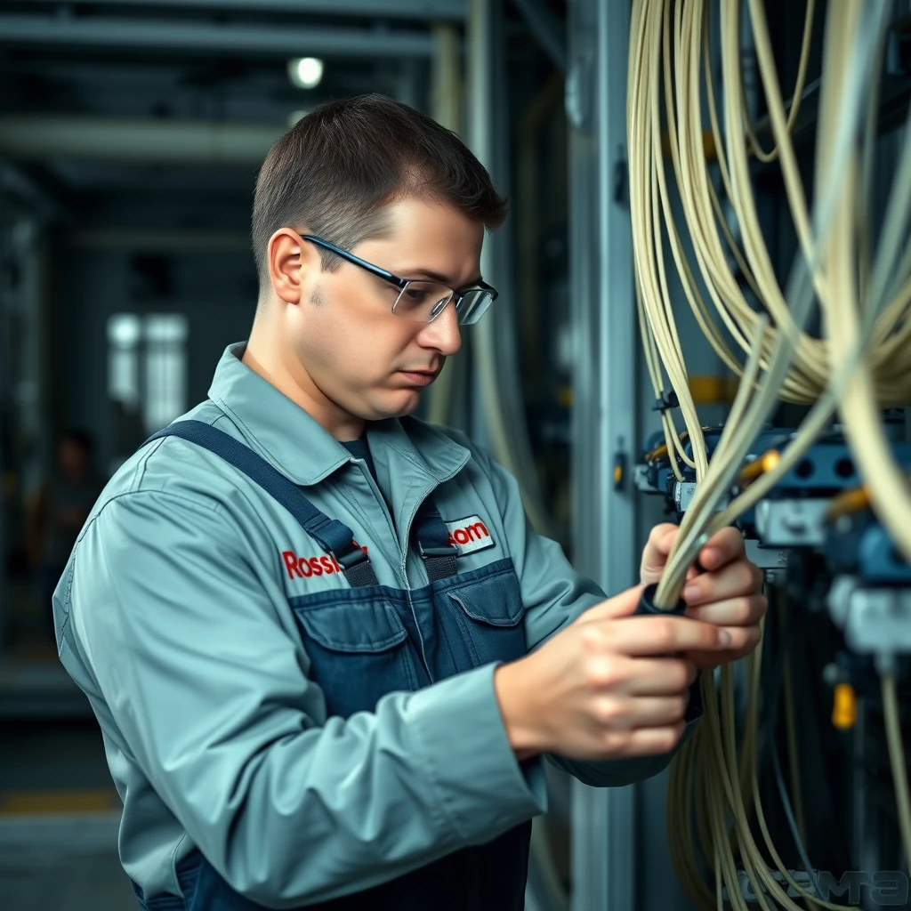 An engineer in overalls with the inscription Rostelecom connects an optical cable.