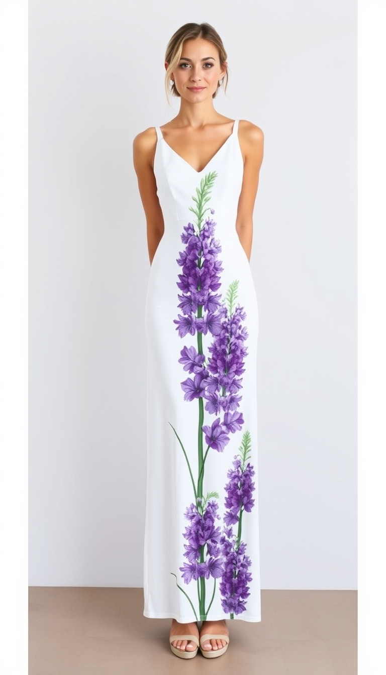 (sheath-line, Maxi-length sundress), (lupine flower print), (sleeveless Maxi-length white sundress with purple lupine flower print), (plunking neckline, collarbone), (purple lupine flower print on Maxi-length dress), (sandals with heels),