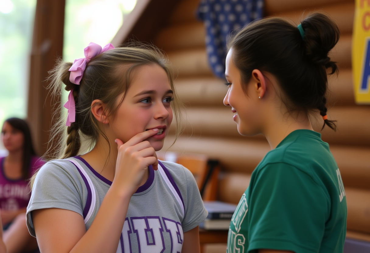 A girl at cheer camp bites her lip and soothes herself as she realizes she has a huge crush on her counselor after seeing her alone in the counselor's lodge. - Image