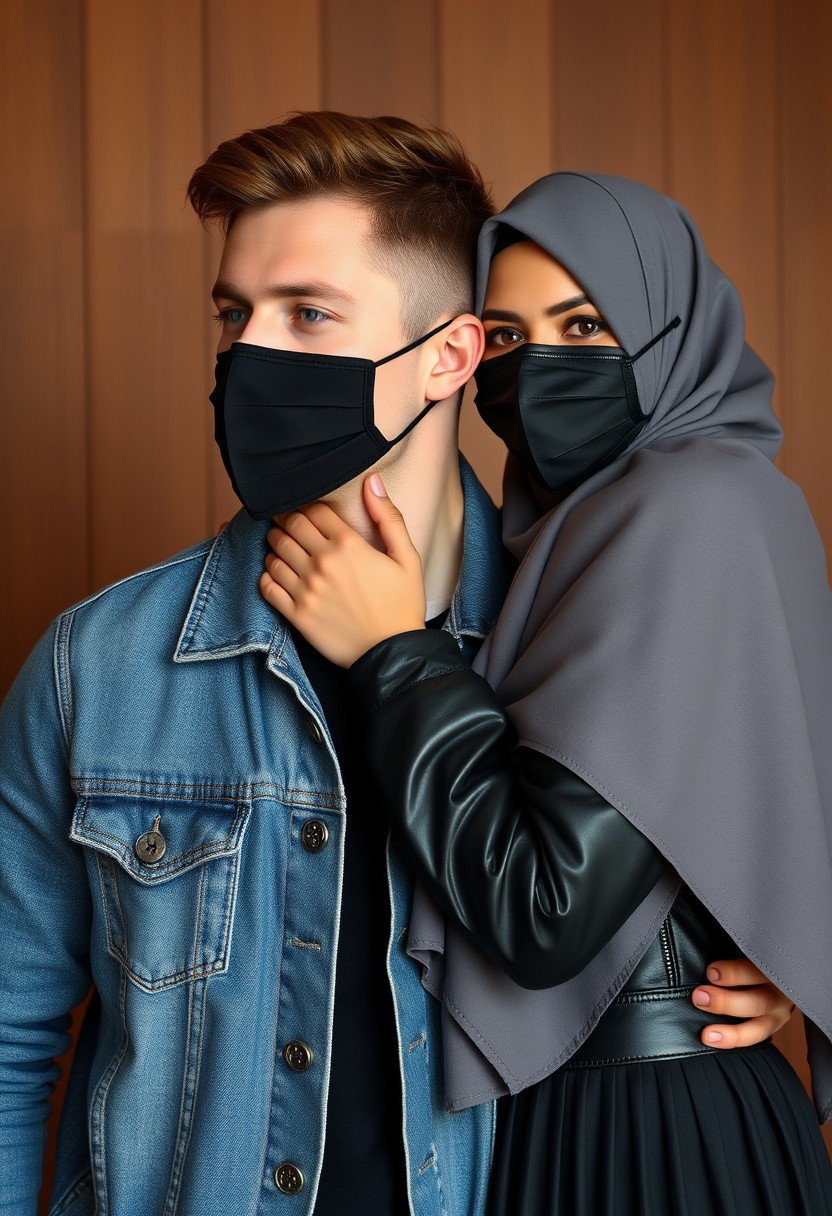 Jamie Dornan's head and body shot, handsome, black face mask, denim jacket, jeans, dating, love couple, hugging, with the biggest gray hijab Muslim girl, beautiful eyes, black face mask, black leather jacket, biggest skirt, hyper-realistic, studio photography, wooden wall. - Image