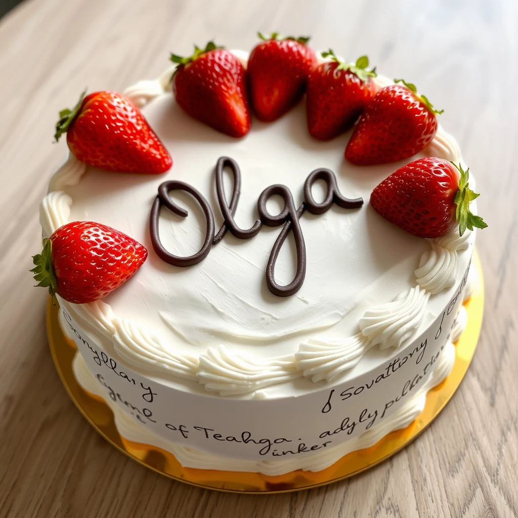 A cake with strawberries and the text "Olga"