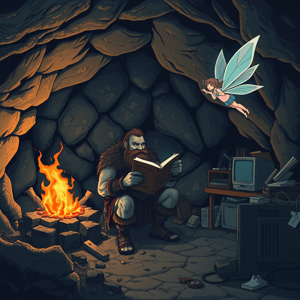 Real-life photography: At night, in the cave, there is a barbarian reading a book. The cave is very large, with a bonfire, a 90s desktop computer, and some messy household items. A fairy resembling a Japanese schoolgirl is flying beside him.