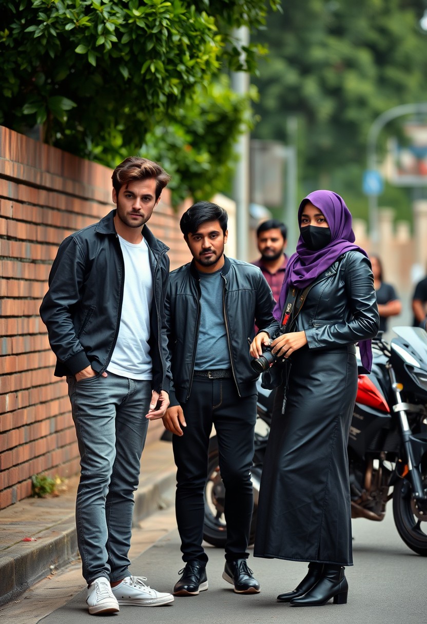 Jamie Dornan and Freddie Prinze, head and body shot, handsome, young, serious face, dark brown hair, white t-shirt, collared jacket, skinny jeans, sneakers, standing, discussing with two guys and a Muslim girl wearing a short purple hijab, with beautiful eyes, black face mask, black leather jacket, longest black leather skirt, holding a DSLR Canon camera, near a town road, superbike, hyper-realistic, street photography, brick wall, full body photo, with three other random friends in the background. - Image