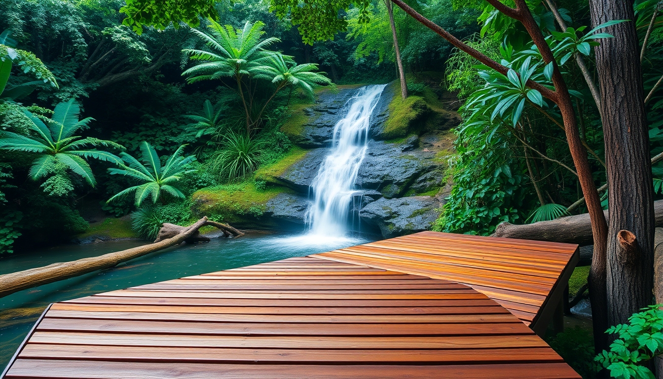 Wooden Platform With Waterfall Background in Lush Rainforest