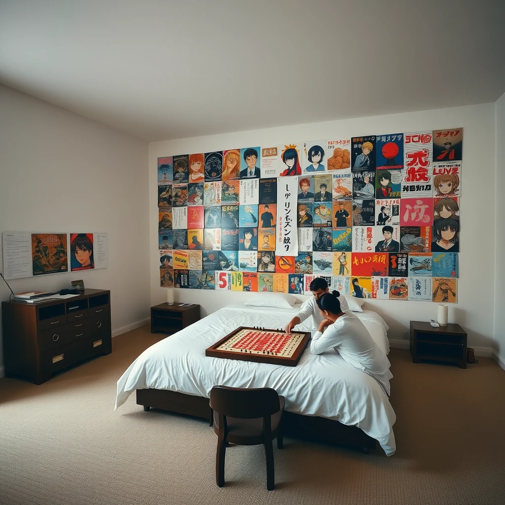 In a very large room, there is a big bed, and one wall of the room is covered with many posters of Japanese manga, while the other walls are bare. Two people are playing Go in the room.