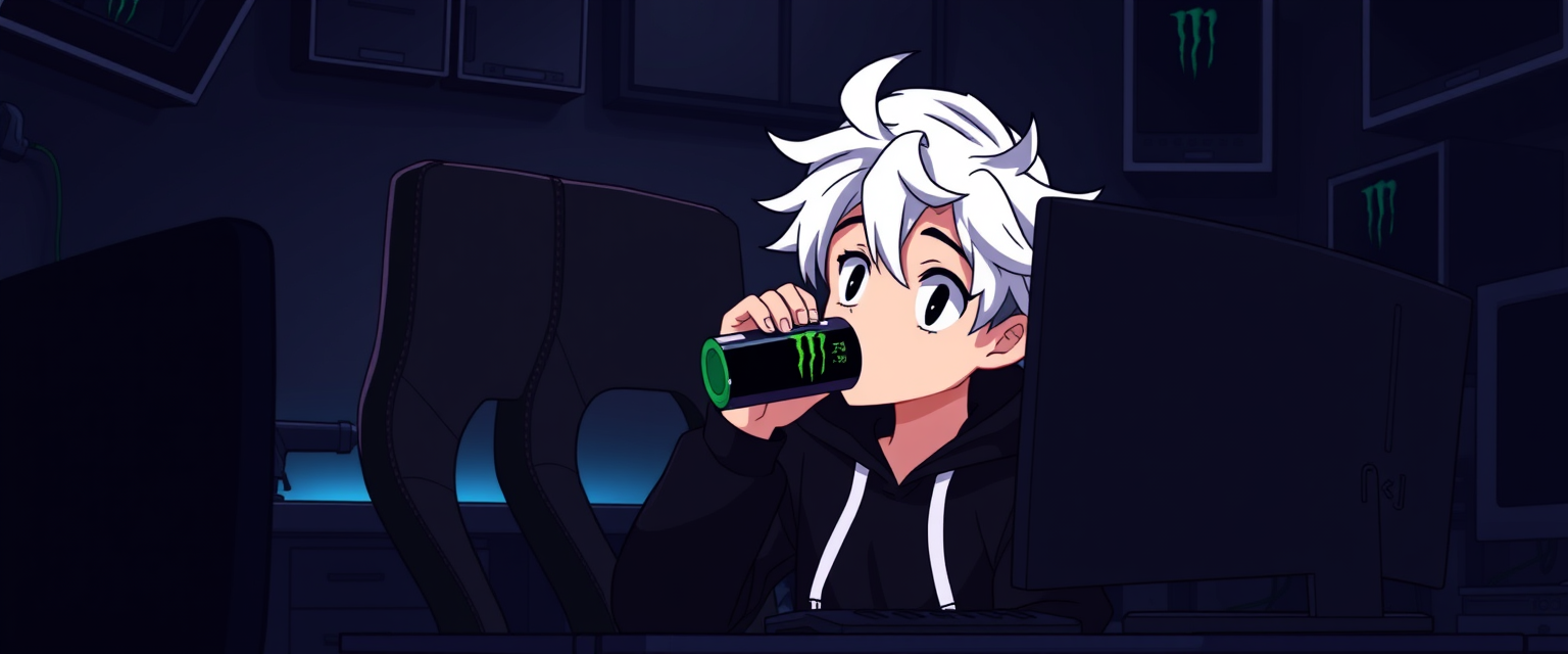 "Animated black gamer room with a boy with white hair and a black hoodie sitting in a gaming chair while drinking a Monster energy and looking at his 2 monitors with the screens black." - Image