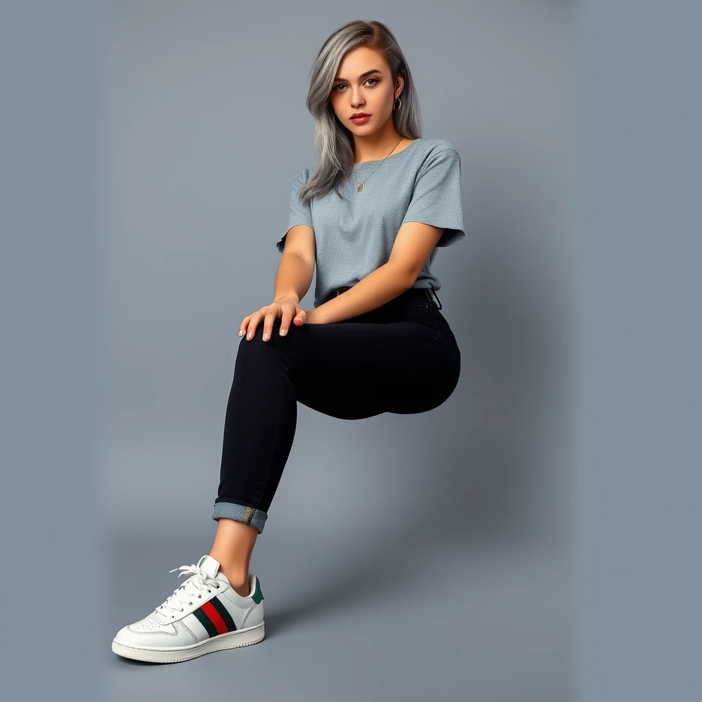 A young woman in a grey T-shirt, black jeans, and Gucci sneakers on her feet. Appearance: cool grey hair and blue eyes. Professional photo. Full length. - Image