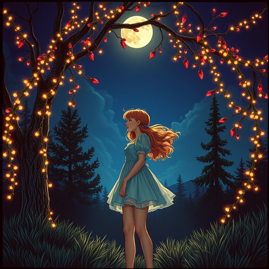 designed by Paul Rader, real photograph, fairy tale, 21-year-old girl in a short dress, nsfw, Moon in the night, Detailed illustration, Generative Art, film grain, Kodak Ektachrome E100, 50mm