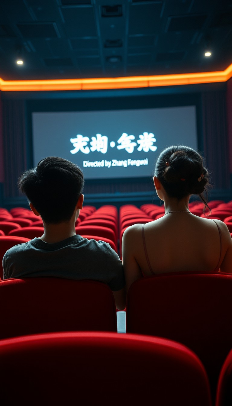 In a dimly lit theater, a young Chinese man and woman sit in seats watching a movie, the boy in a gray short-sleeved T-shirt, the girl with white skin, wearing a halter dress and a hairpiece, only their backs visible, the seats in the theater are all red, and on the big screen in the theater, it clearly writes, "Directed by Zhang Fengwei." - Image