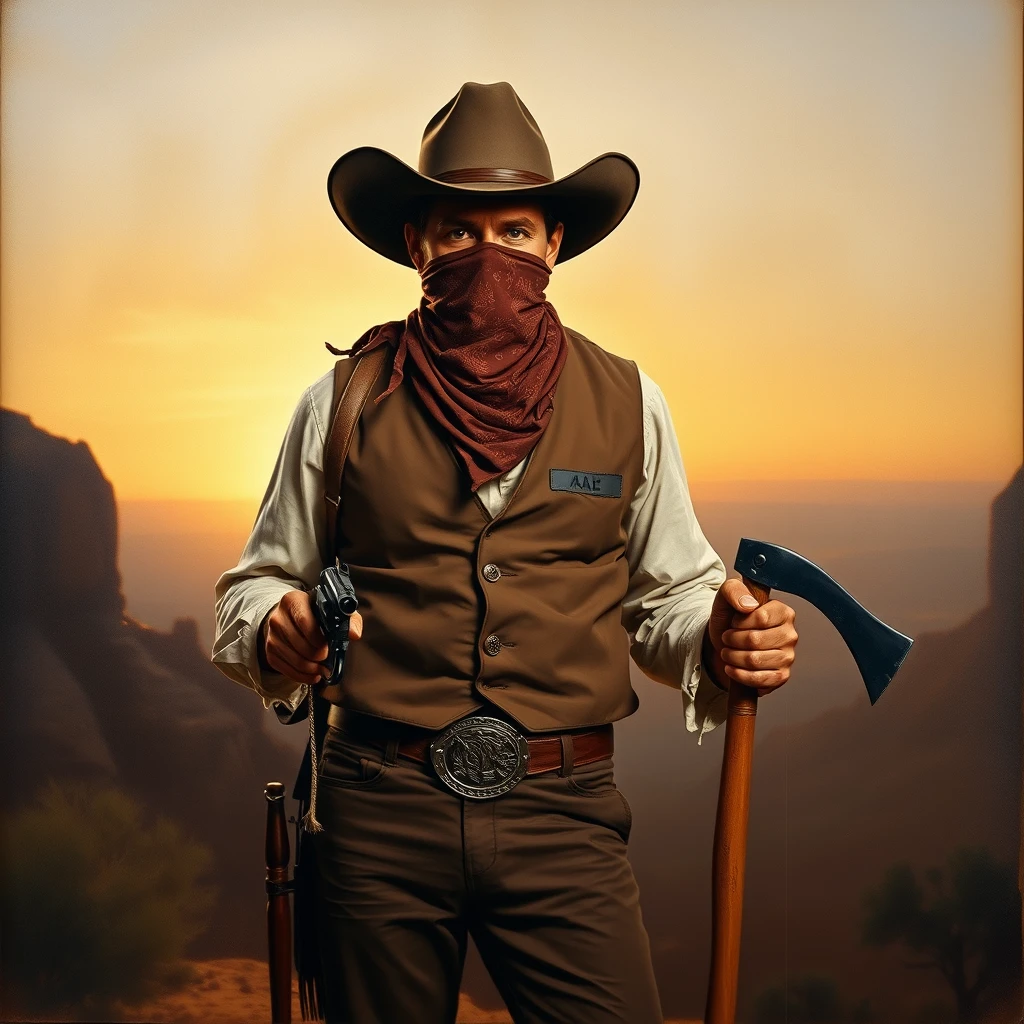 A painting of a cowboy wearing a brown cowboy hat, a brown bandana covering his face, a brown vest and pants, with a dirty white shirt and cowboy boots. He is holding a revolver in one hand and a hatchet in the other. The background features desert cliffs at sunset, with an intimate diffused glow, subdued hues, and a neutral high-key ambiance, resembling a real photo taken with a 35 mm camera.