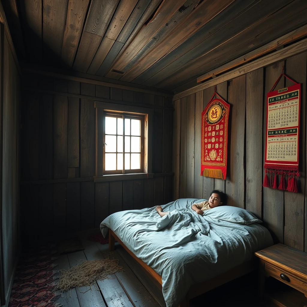 In a dilapidated wooden cabin, there is a bed, and one wall of the room has a Chinese-style calendar hanging on it, while there is a girl in the room. Note that the cabin is very large and has a window.