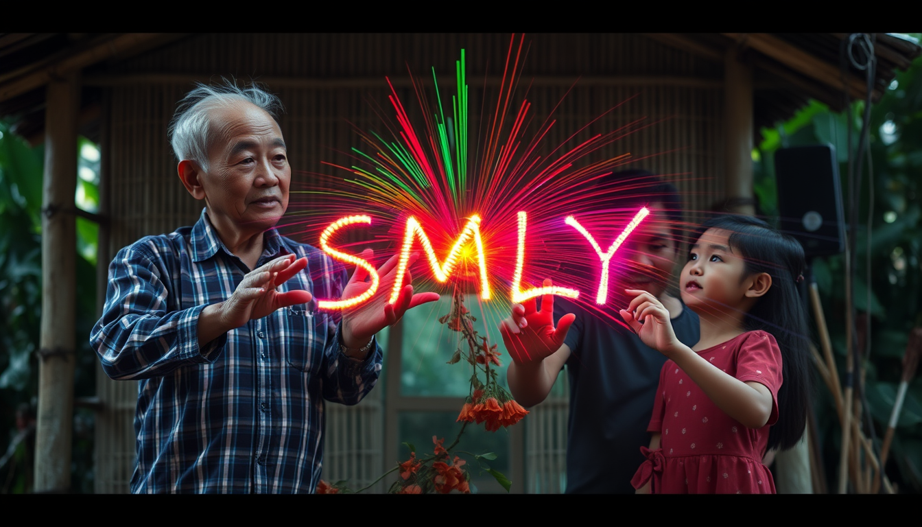 2. "Generational Harmony" Three generations of a Vietnamese family - grandparents, parents, and children - stand side by side, gazing at an unseen screen. They're positioned in front of a simple bamboo hut, surrounded by lush greenery. As they reach forward, streams of colorful light emerge from their fingertips, intertwining to create a vibrant "SMLYT" in the air. The light show reflects in their eyes, symbolizing shared hopes and dreams across generations. - Image