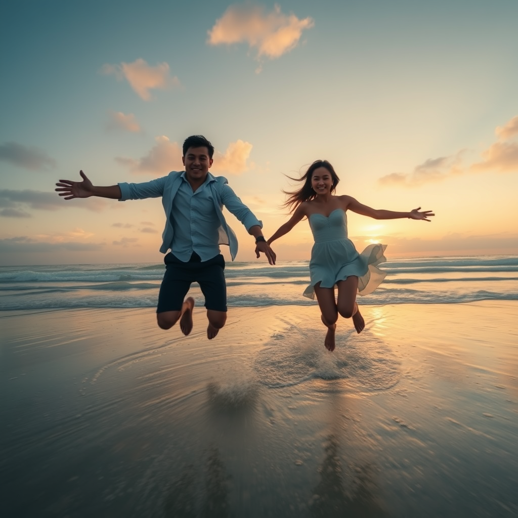 Super Slow Motion Shot of a couple jumping on the beach Moving Towards Camera, anime style