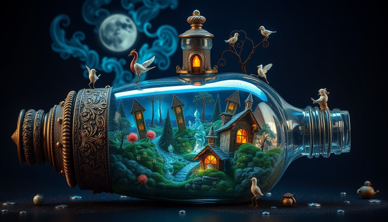 best quality, reality-shot, realism, realistic photography of an elaborate bottle with whimsical elements, magical fairytale landscape, fantasy style art, dark blue theme, intricate details, ultra sharp, exquisite detail, flawless composition, vivid colors, masterpiece, exciting background,